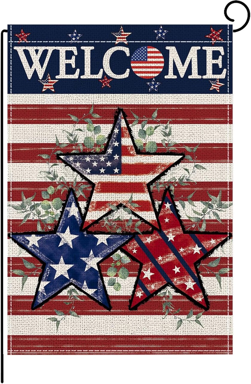 4th of July Garden Flag, featuring a double-sided patriotic leaf and stars-and-stripes design—perfect for Independence Day, Memorial Day, and outdoor welcome décor; linen yard flag, 12×18".